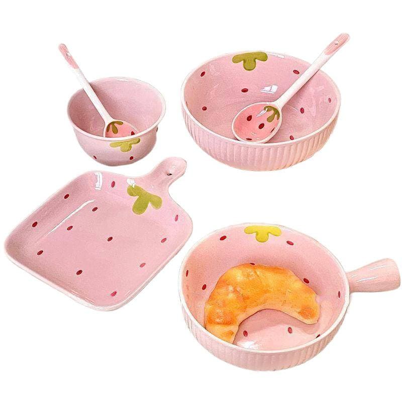 Pink Cute Strawberry Ceramic One-Person Handle Bowl Instant Noodle Underglaze Color High Appearance Home Tableware Set