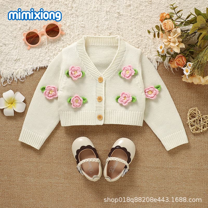 French-Style Gentle Style Girls' Knitted Cardigan with 3D Floral Jacquard, Short Versatile Top for Petite Figures