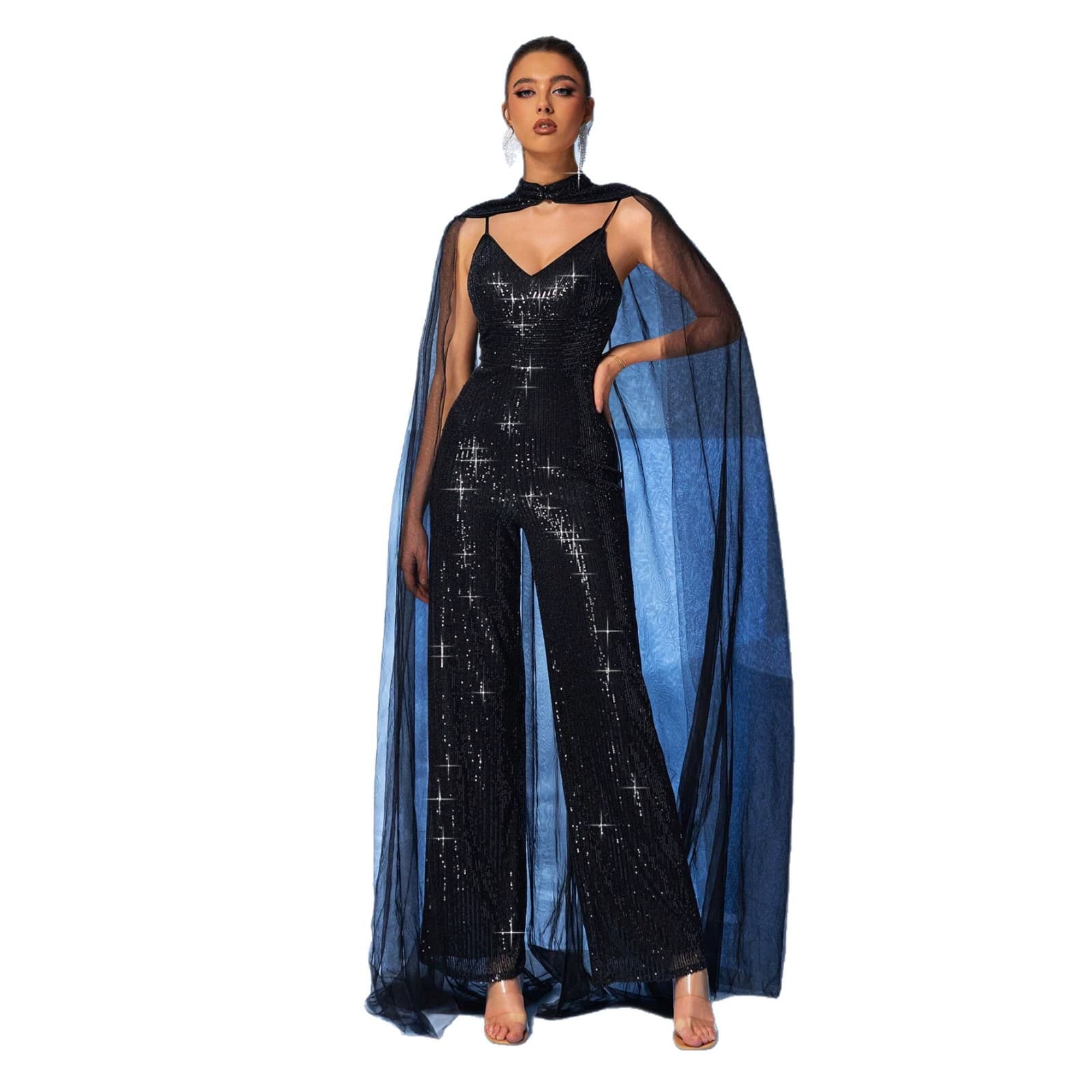Amazon Cross-Border Summer Sexy Black Sequined Spaghetti Strap Deep V Mesh Shawl Party Banquet Jumpsuit