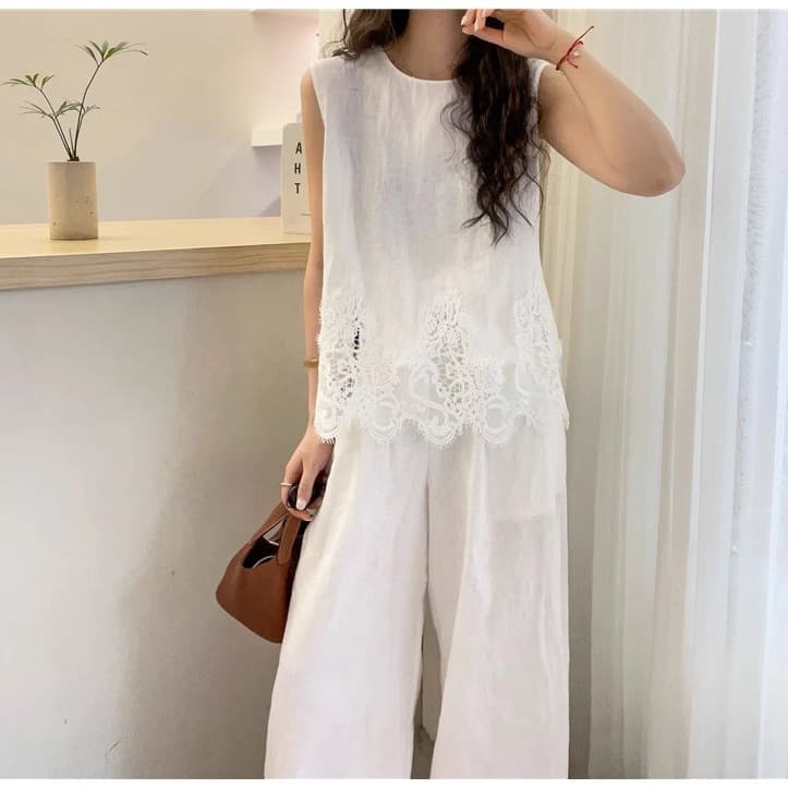 Korean Style Minimalist Hem Lace Crochet Thin Ramie Shirt Vest Sleeveless Doll Top Trendy