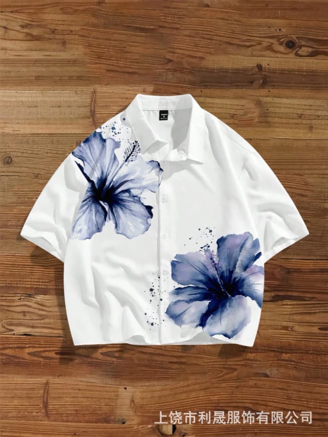 2026 Cross-Border New Streetwear Ink Floral Print Short Sleeve 3D Digital Print Loose Flower Couple