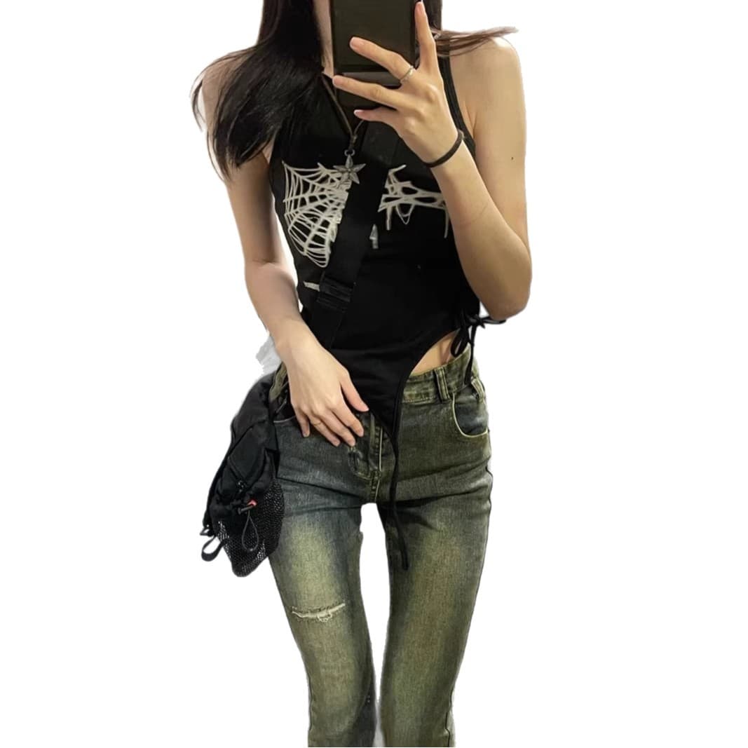 American Spicy Girl Punk Style Lace-Up Sleeveless Vest, Summer Asymmetric Design Crop Top