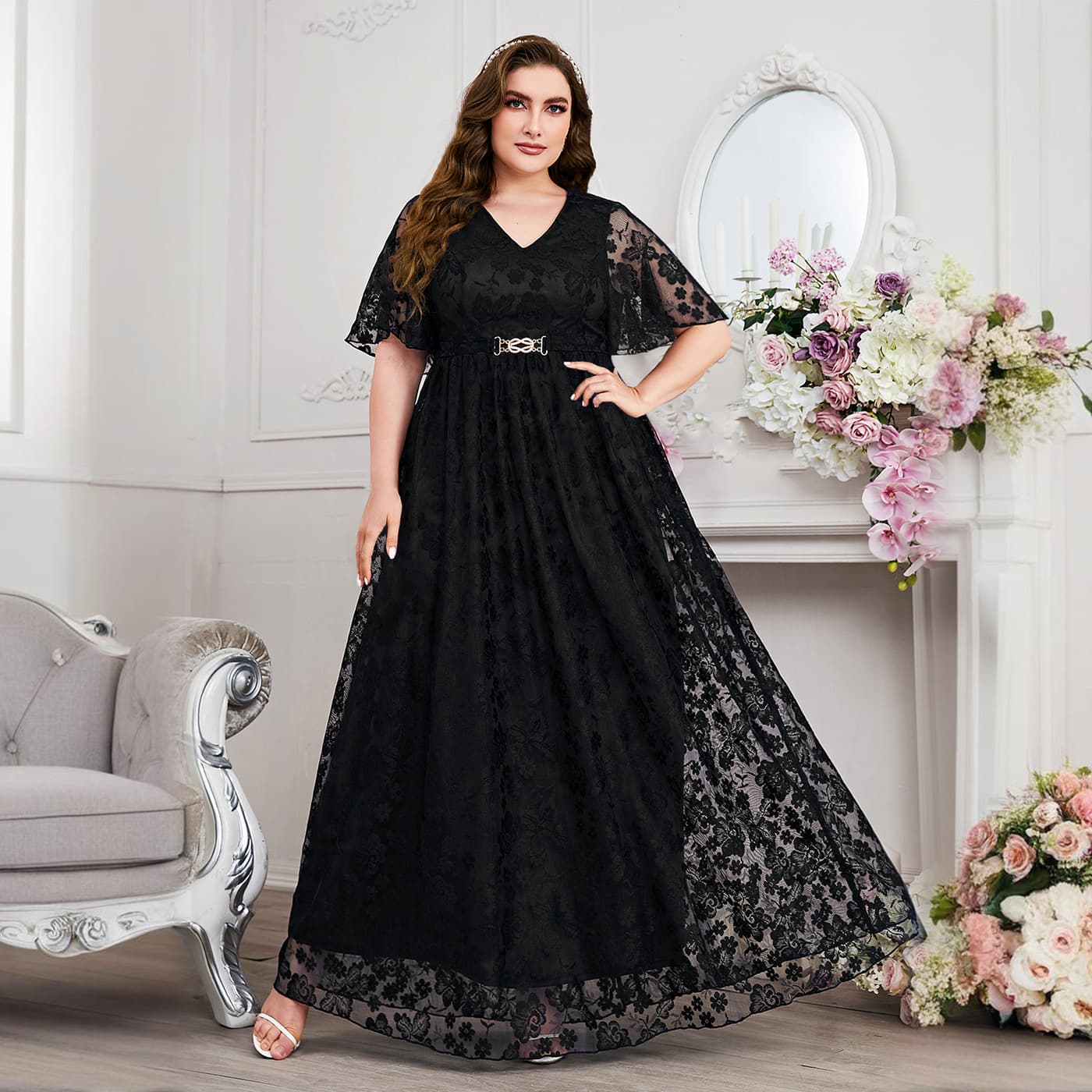 H214 Amazon US/EU Plus Size Women's Fashion Bridesmaid Lace Dress V-Neck Flared Skirt Independent Site Cross-Border