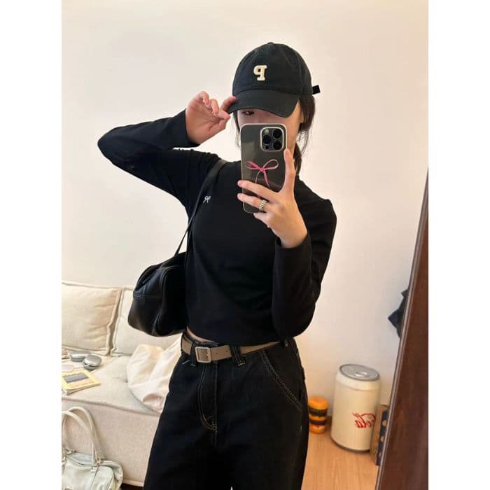 [Factory Outlet] Autumn and Winter Embroidered Pleated Crewneck Long-sleeved T-shirt Women's Inner Slim-fit fleece-lined Base Shirt Top
