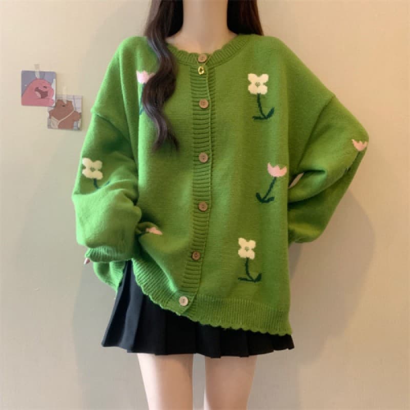 New Korean Autumn Winter Plus Size Women Embroidered Floral Unique Loose Relaxed Sweater Cardigan Button