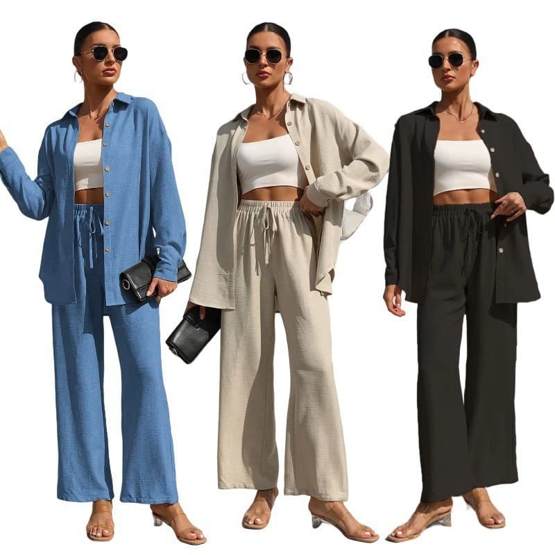 Fashionable cross-border spring and autumn plus size women's clothing loose solid color early spring mid-length two-piece set apricot blue black