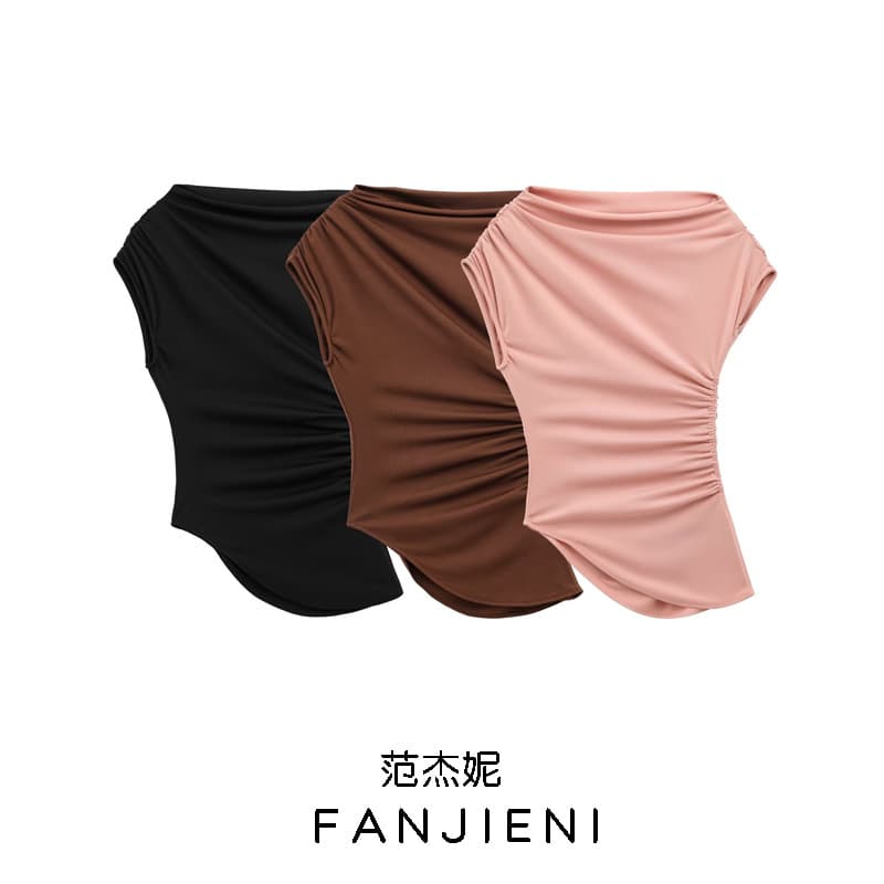 ZR Foreign Trade Wholesale - European and American Style Women's Clothing, Multiple Color Options, Pleated Asymmetrical Boat Neck Top 5644768