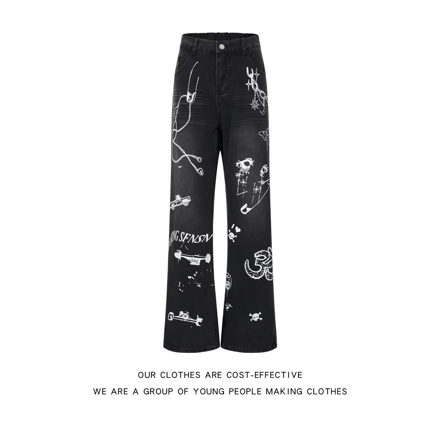 Men's black American graffiti jeans, summer style, American high street vibe pants, straight leg with a slight flare.