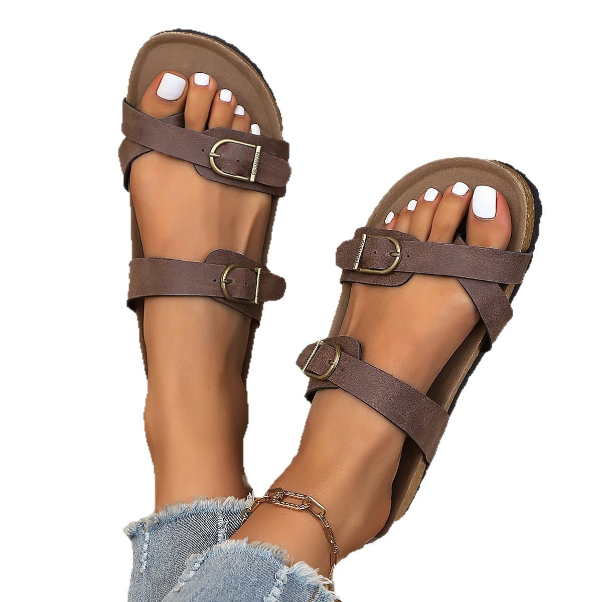 New cross-border trade women's flat slippers with buckle, European and American style, sizes 35-45 plus, round toe, suitable for outdoor wear.