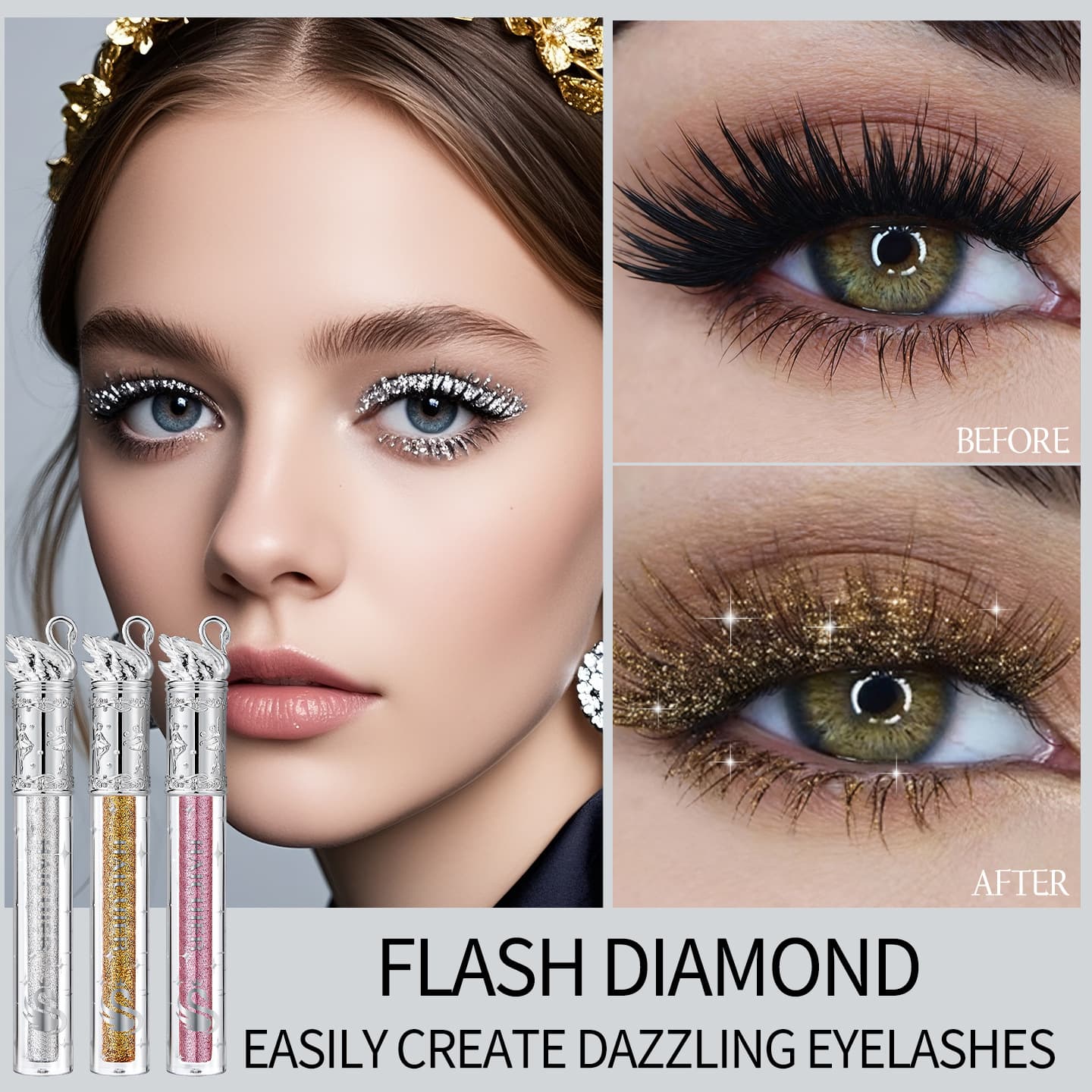 Cross-border Hot Selling Glitter Mascara Waterproof Curling Lengthening Voluminous Smudge-proof Fine Sparkle Mascara