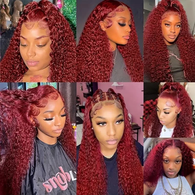 African Small Curl Wine Red Wig for Women Lace Front Long Curly Human Hair Wig Full Wig