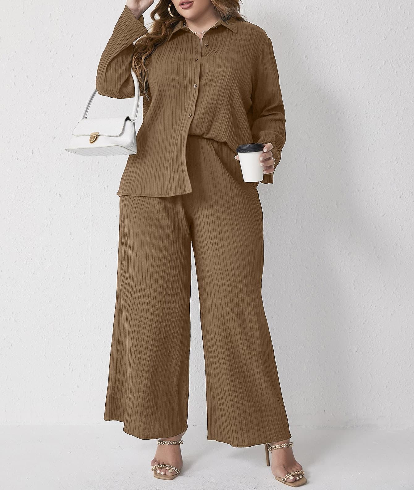 in stock plus size Women's 2024 Spring and Autumn New Pleated Casual Loose Shirt High Waist Pants suit Two-piece Set