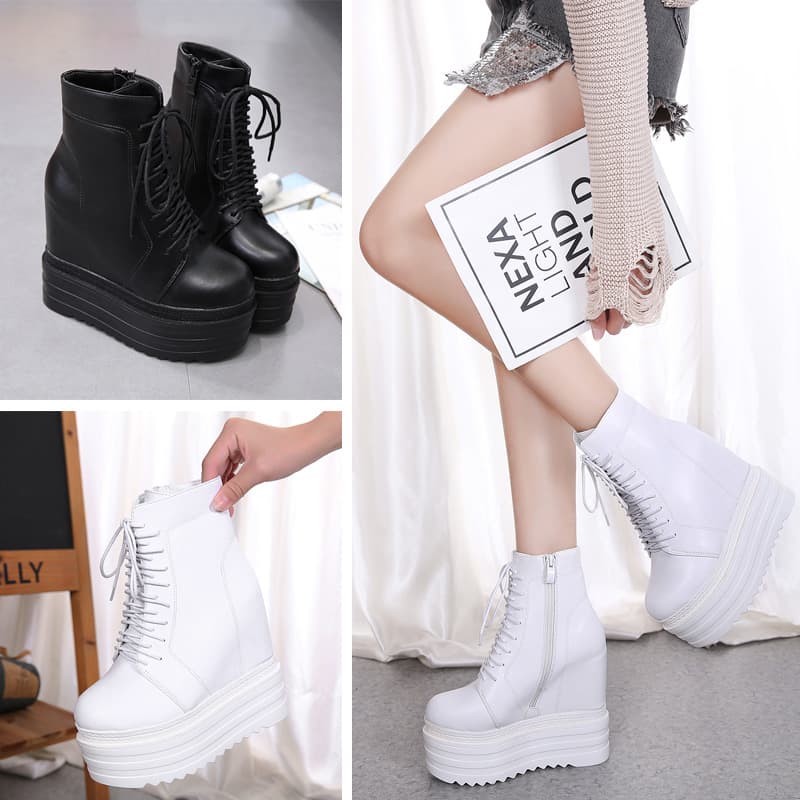 888-33 Hidden Wedge Heel Ankle Boots, 14CM Waterproof Platform Thick Sole Leather Lace-up Women's Boots