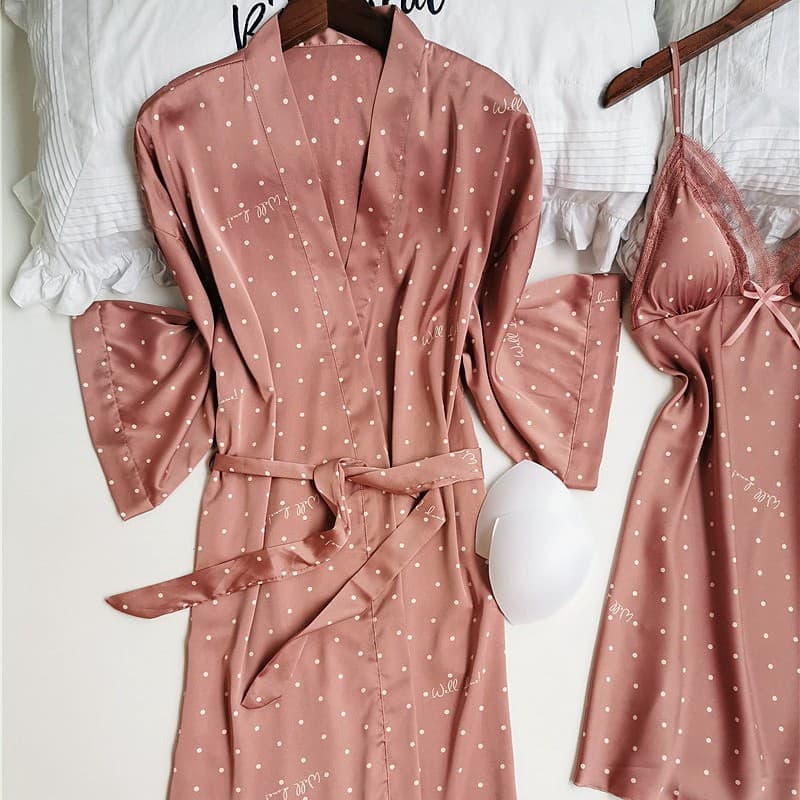 Hot-selling polka dot pajamas for women, sexy summer camisole with bra pads, alluring nightgown, ice silk robe, two-piece loungewear set for spring and autumn.