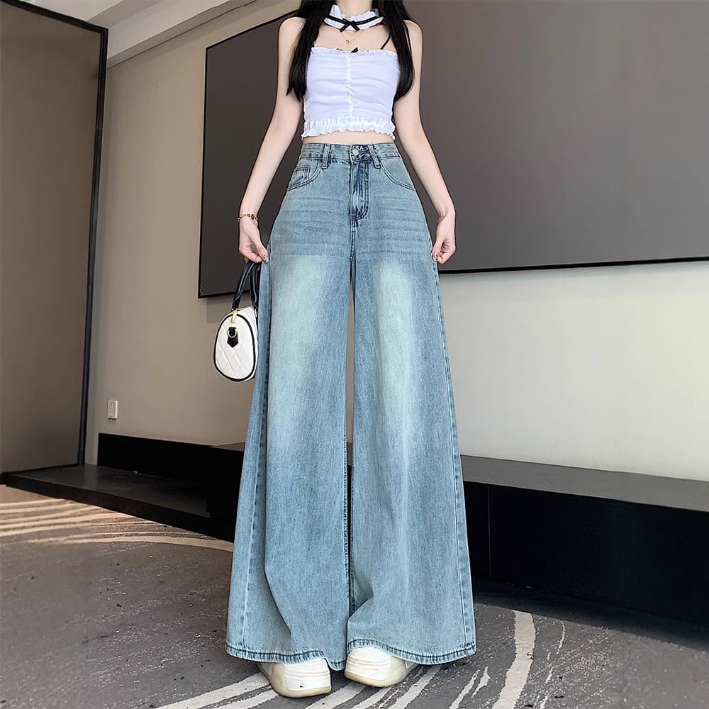 Spring/Summer New Loose Fit Wide-Leg Flared Pants with Draping Fabric, High-Waist Fashionable Hong Kong Style Light Blue Flared Jeans for Women