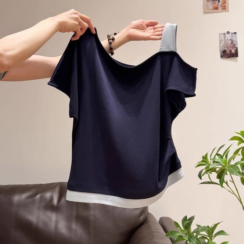 Fake Two-Piece Splicing Design Slant Collar Off-Shoulder Short-Sleeved T-Shirt for Women 2025 Summer New Slim Waist Top for Women