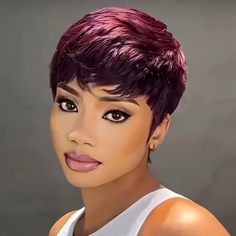 Women 6Inch Pixie Cut Wig with Bangs 99J wig human hair