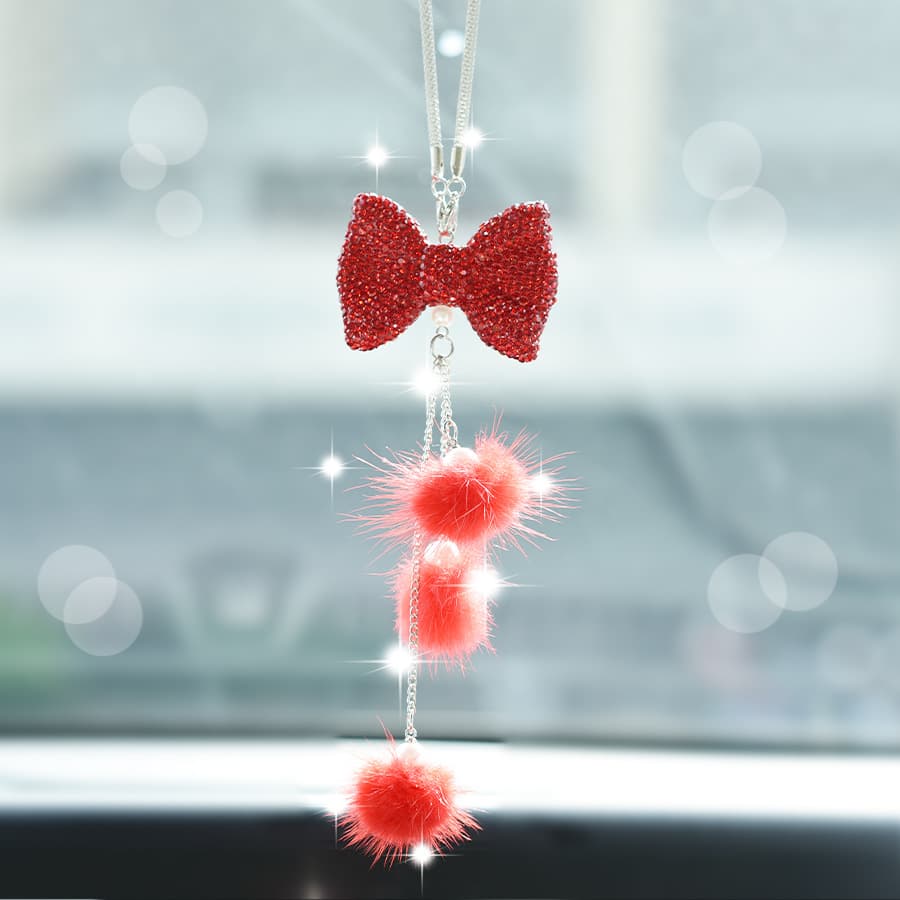 European and American Cross-Border Hot-Selling Diamond Bow Mink Fur Ball Car Pendant Car Pendant Interior Decoration Supplies