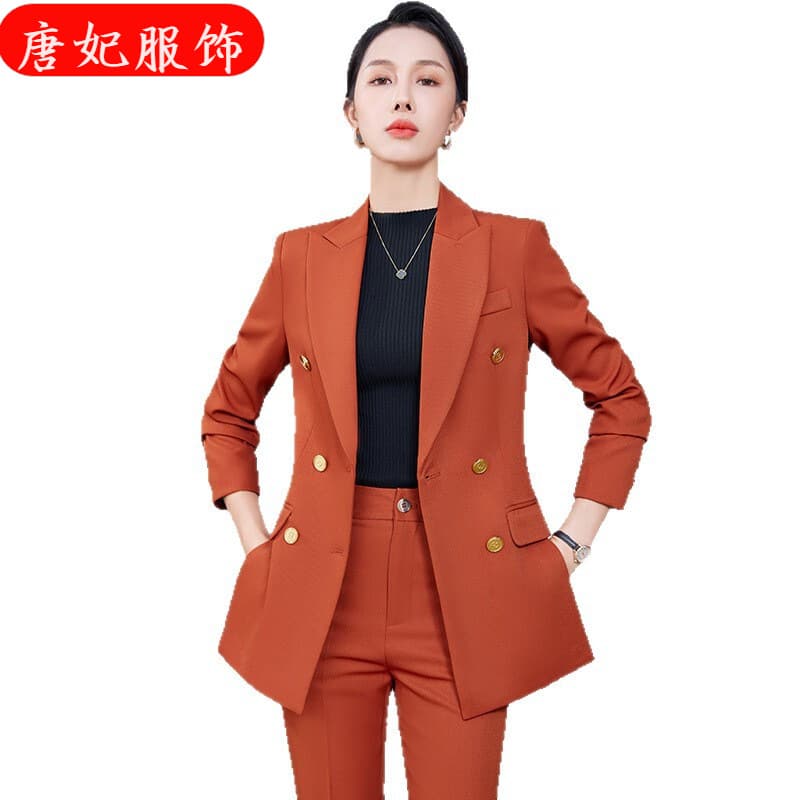 2023 Fall Winter Pink Long Sleeve Blazer with Flared Pants and Cigarette Pants Two-Piece Set