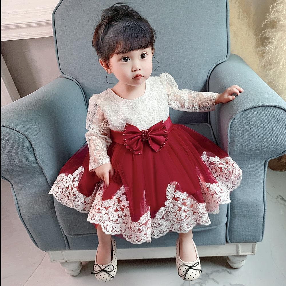 Amazon baby princess dress for girls, lace long-sleeved puffy dress, perfect for baby's full moon celebration.