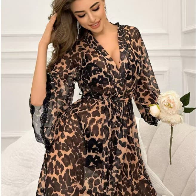 New Cross-Border Long Bathrobe European and American Style Sexy Printed Pajamas Women Lingerie Leopard Print Robe Sexy Bathrobe
