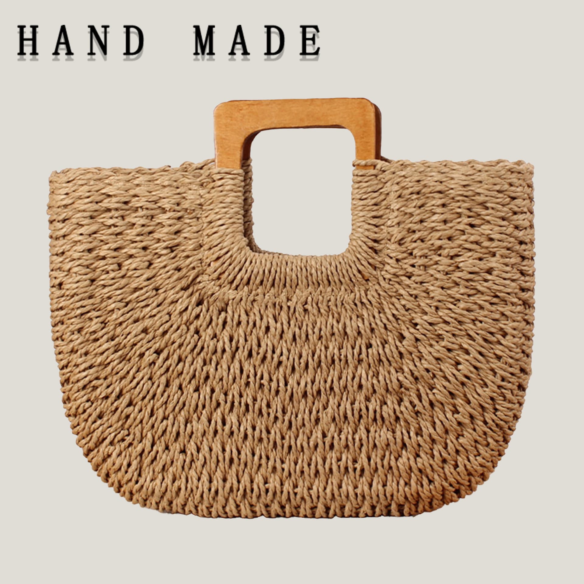 New Wooden Handle Handwoven Bag, Summer Beach Paper Rope Tote
