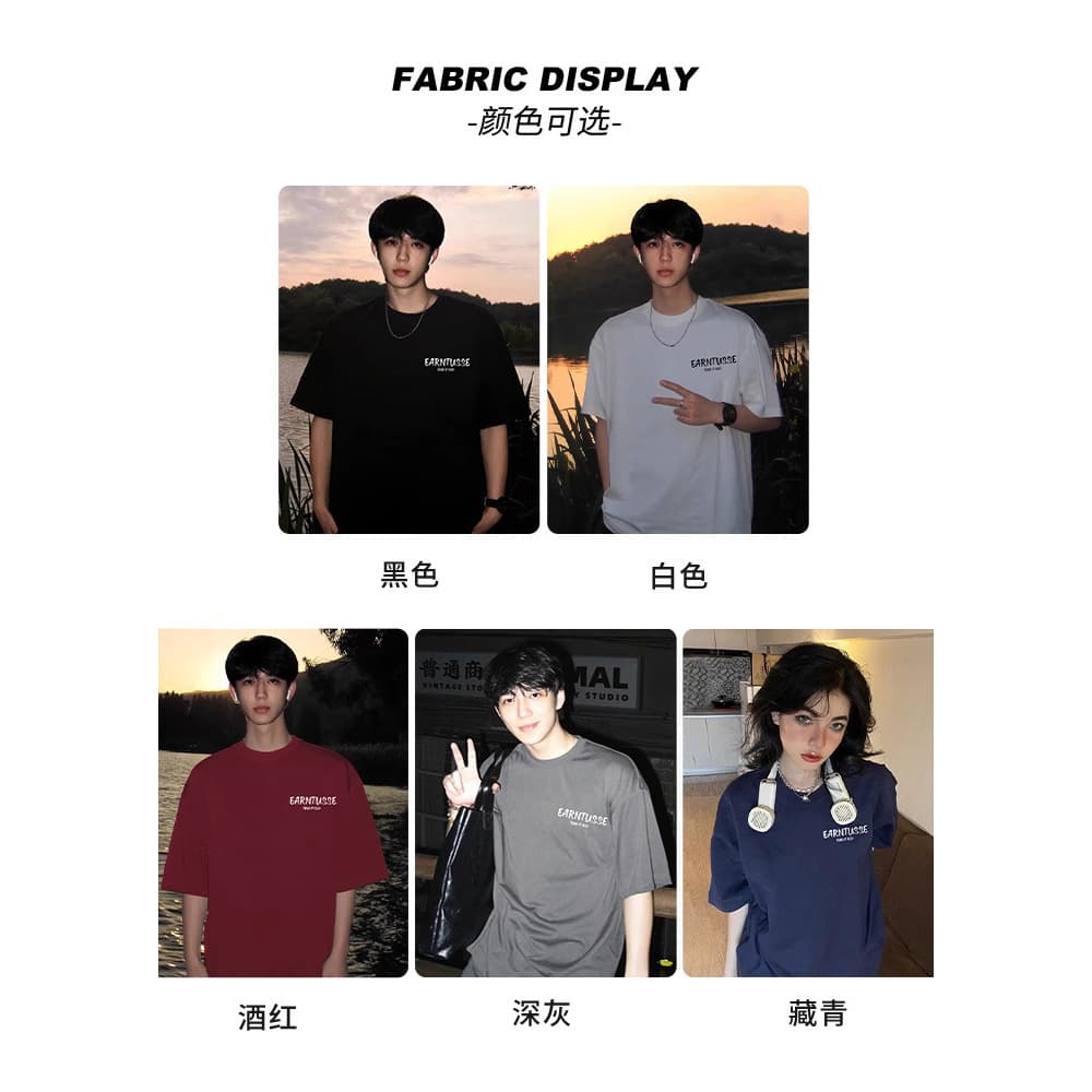 Men's Summer American Heavyweight Black Short Sleeve T-Shirt, Simple Lettering, Loose Fit, Large Size, Pure Cotton Tee