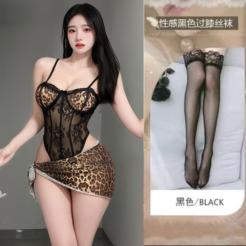 Seductive Lingerie Plus Size Sexy Leopard Print Bodysuit with Underwire, Pure Desire Teasing Pajama Set