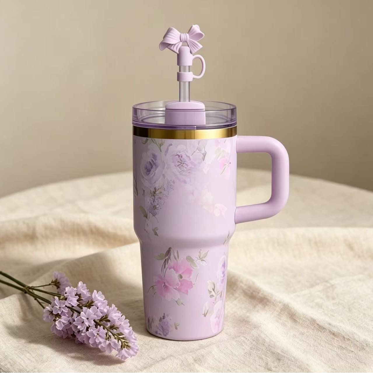French Style Gentle Pink Rose Tumbler 20oz 40oz Large Capacity Long-lasting Cold and Heat Retention Cup