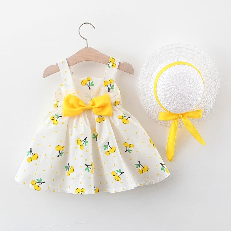 New Summer Girls Vest Dress Sleeveless Daisy Strap Dress 0-4 Years Cotton Baby Dress with Straw Hat