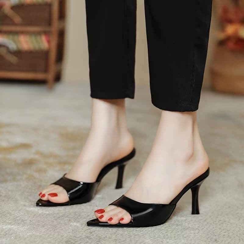 Fish Mouth Open-Toe Slide Sandals for Women 2025 Summer New Patent Leather Color Stiletto Heel Pointed Toe High Heel Sandals