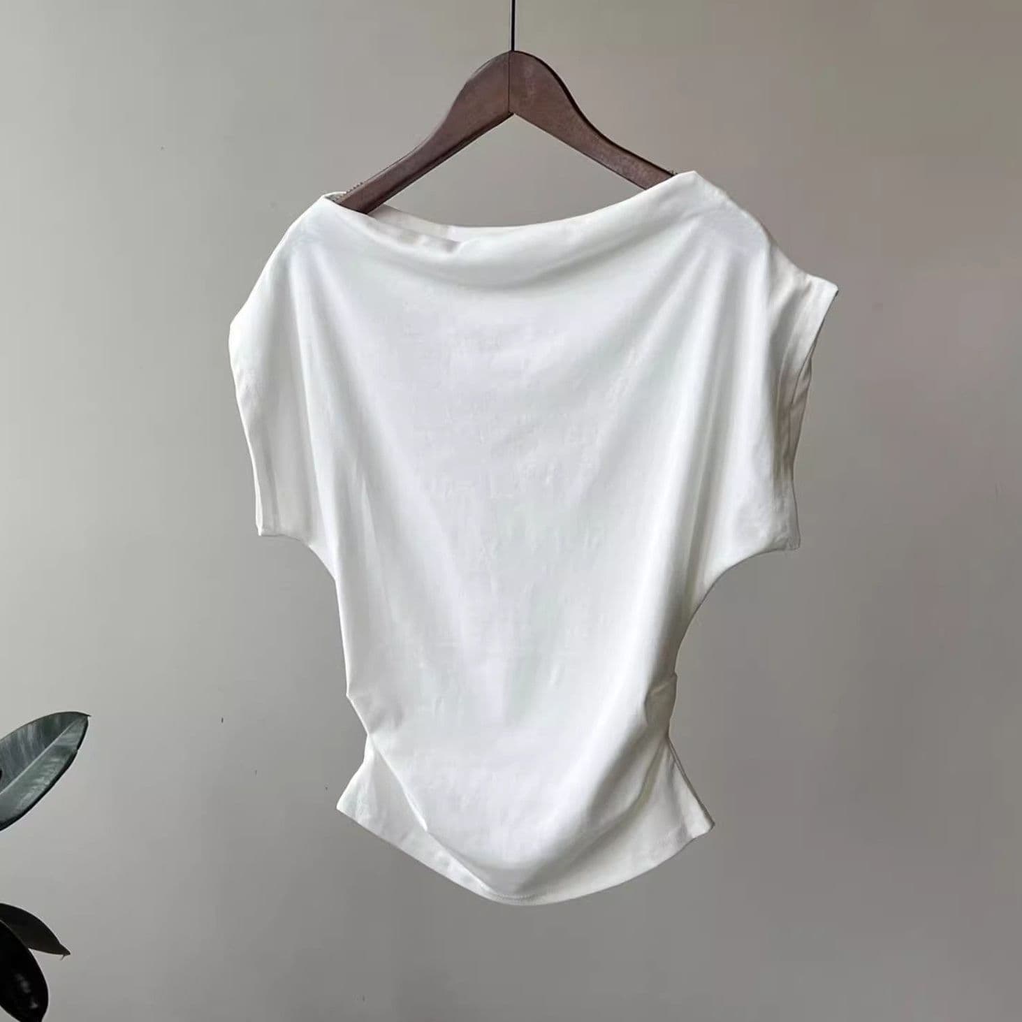 Modal Cotton Off-Shoulder Draped Neck Short Sleeve T-Shirt Women Summer Design Slim Fit Asymmetric Top