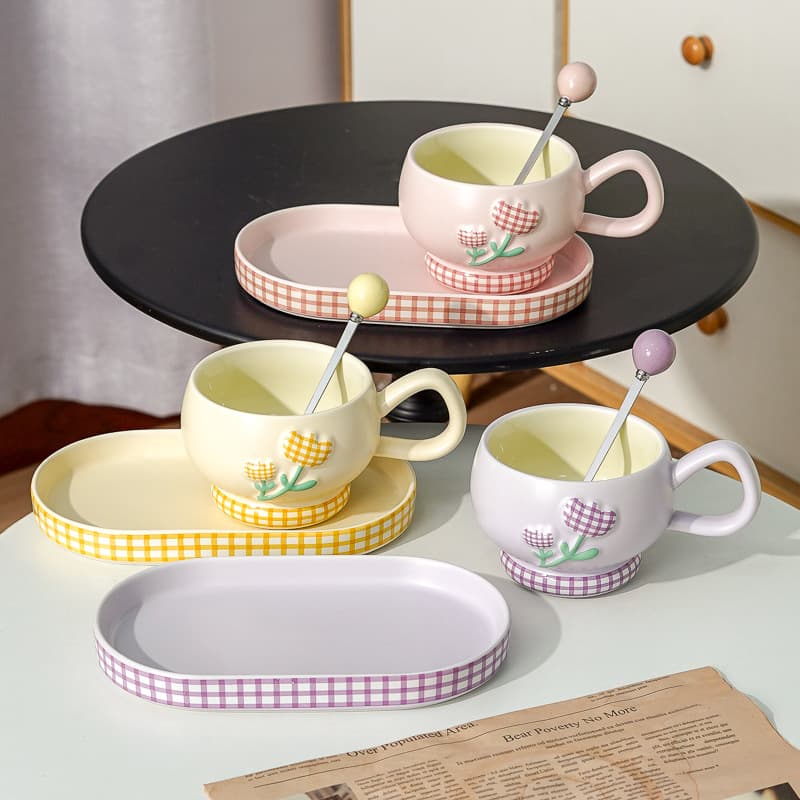 Pastoral Style Ceramic Cup Embossed Tulip Coffee Cup and Saucer Set with Spoon Mug Commercial Cup Ins Style