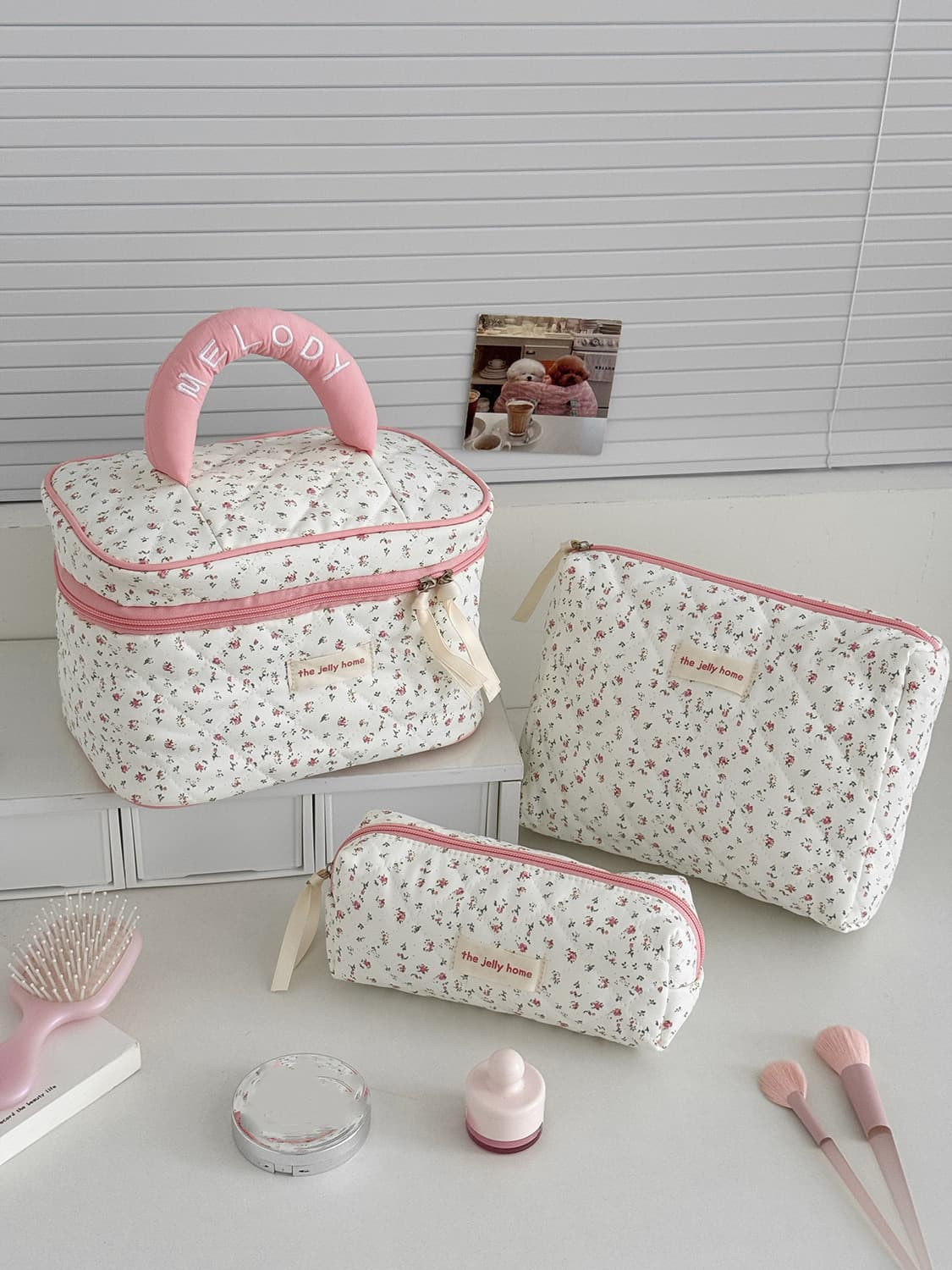 Peach Pink Floral Cosmetic Bag, Sweet Fresh Makeup Organizer, Large Capacity Handheld