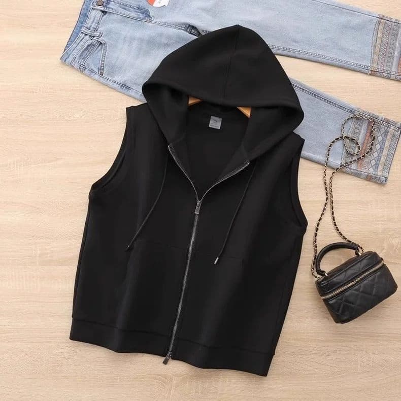 New Plus Size 300lbs Women's Spring Autumn Casual Versatile Zipper Loose Hooded Vest with Pockets Couple Layering