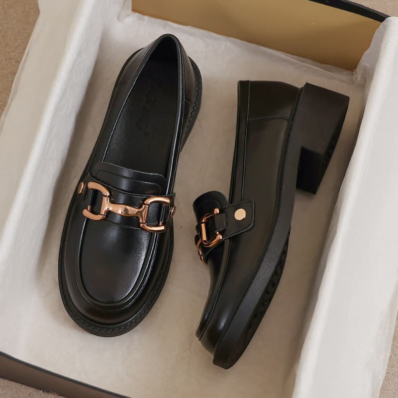Women's genuine leather loafers, 2025 new spring and autumn style, British style, black, plus size 41, flat shoes.