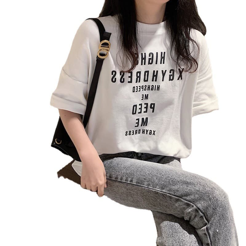 Korean Style Loose Letter-Printed Short-Sleeved T-Shirt for Women 2026 Summer New Student Tops Export Women's Fashion Trend