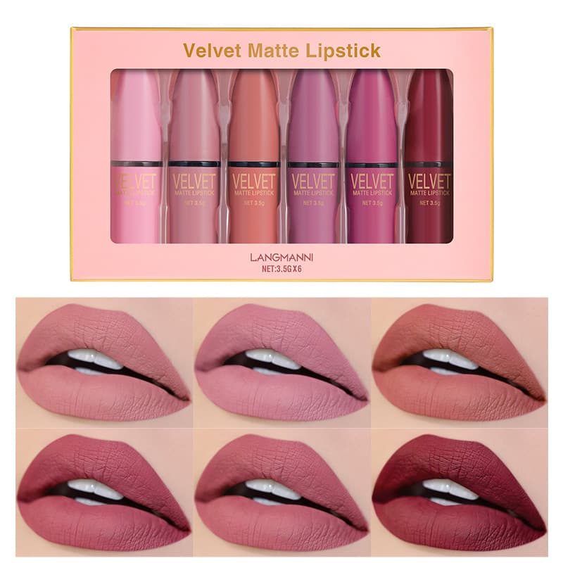 Langmanni Cross-Border Supply Makeup Bullet Lipstick Set Matte Velvet 6-Color Lipstick Gift Box