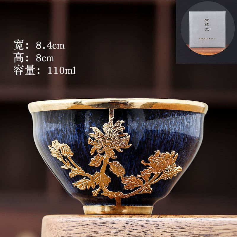 Interestingly, this gold-inlaid jade Five Elements Cup, featuring the Four Gentlemen motif, is a large antique ceramic teacup perfect for tea tasting and gifting.