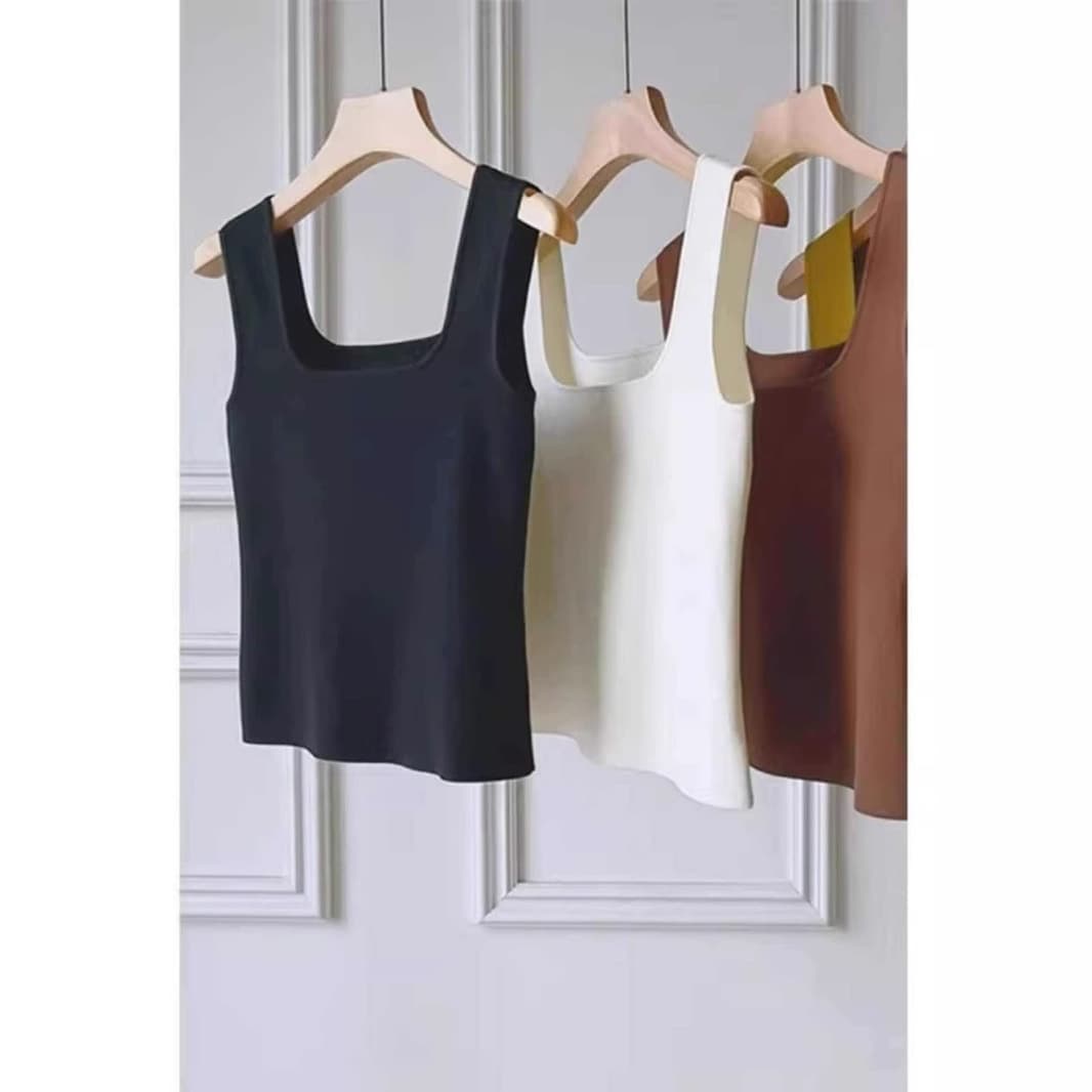 White square neck ice silk knit camisole for women, perfect for summer layering, French chic sleeveless tank top, wearable on its own.