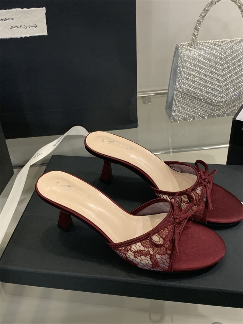 2025 Stiletto Heel Mesh Bow Sandals Slippers Size 35-39