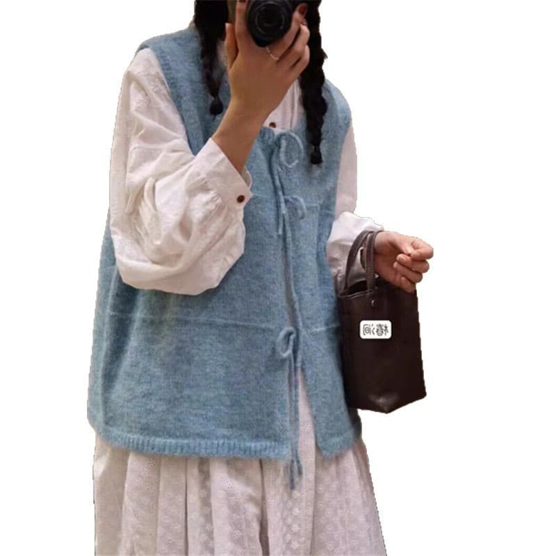 Spring New Korean Style Retro Sweater Vest Cardigan Women's Lace-up Design Vest Ware Shoulder Mori Stacked Vest for Women