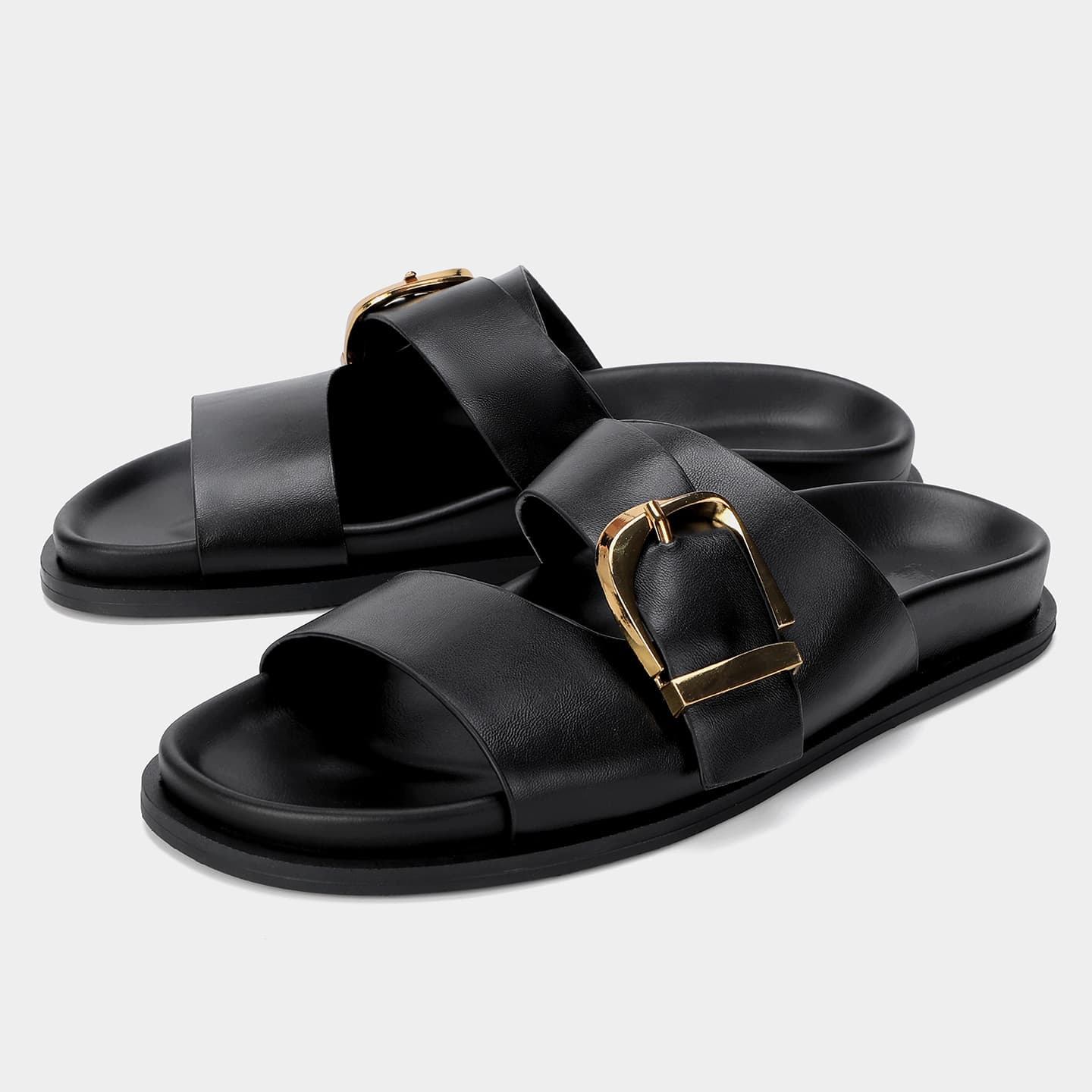 Za2025 New Summer Women's Shoes Black Buckle Details Casual Flats Sandals Metal Belt Buckle Sandals