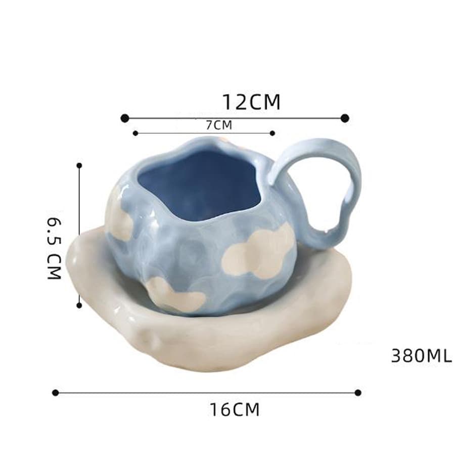 Creative Irregular Hand-Painted Blue Sky White Cloud Ceramic Coffee Cup and Saucer Afternoon Tea Latte Cup Birthday Gift