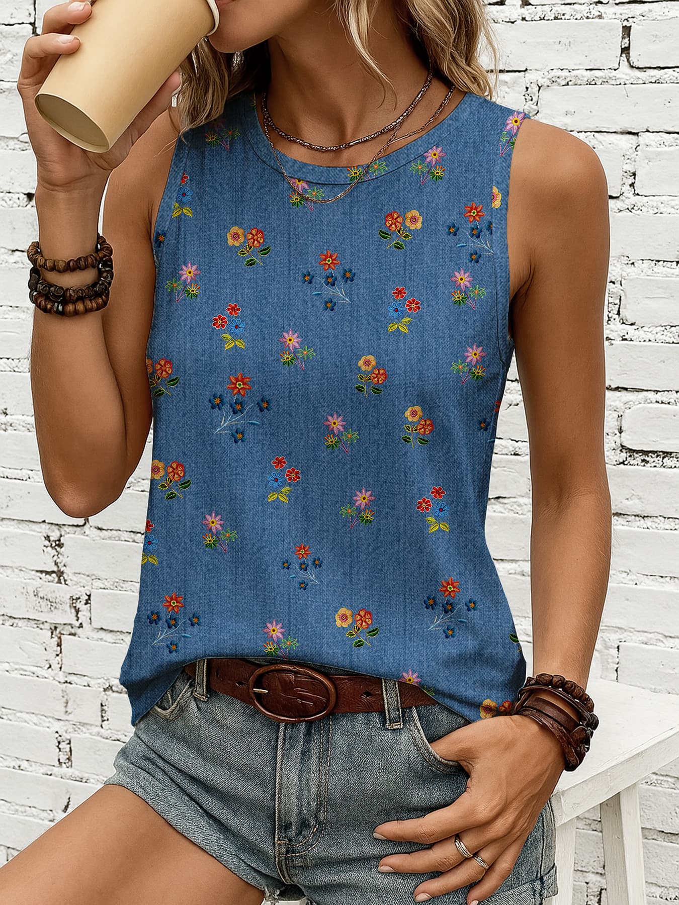 Summer Plus Size New Sleeveless Camisole Denim Series Printed Round Neck Casual Versatile Style Simple