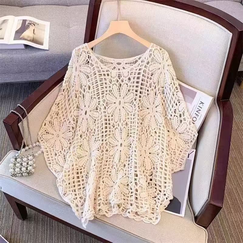 European and American Vacation Style Thin Lace Cardigan Women's Loose Hollow Sweet All-match Thin Sunscreen Coat Blouse Top