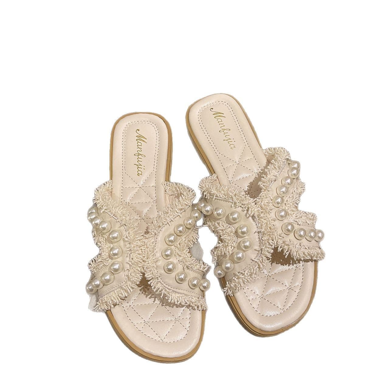 Pearl Slide Sandals for Women Summer 2025 Spring New Flat Fashion Korean Trendy Beach Slippers