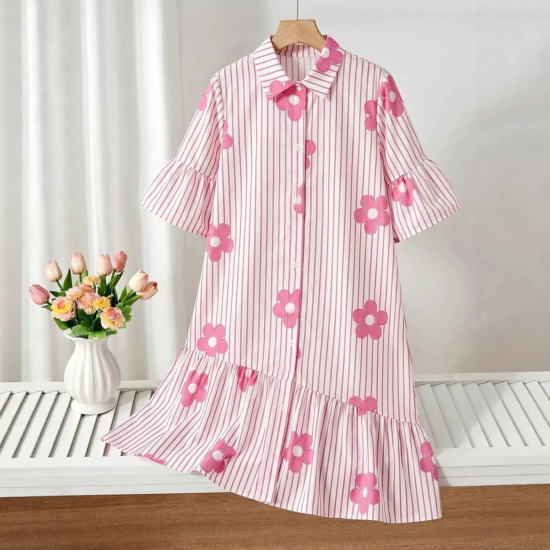 Cross-border Trade Girls Summer Turn-down Collar Button Random Floral Stripe Print Irregular Ruffle Hem Dress