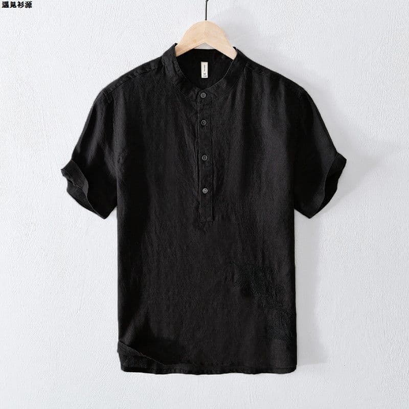 Trendy men's linen shirt, summer new style, casual loose fit, Chinese style, cotton and linen short-sleeved retro trendy shirt.