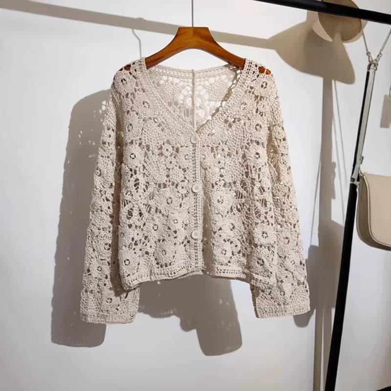 Long Sleeve Crochet Lace Knit Cardigan Women Fall New Camisole Dress Layering Top